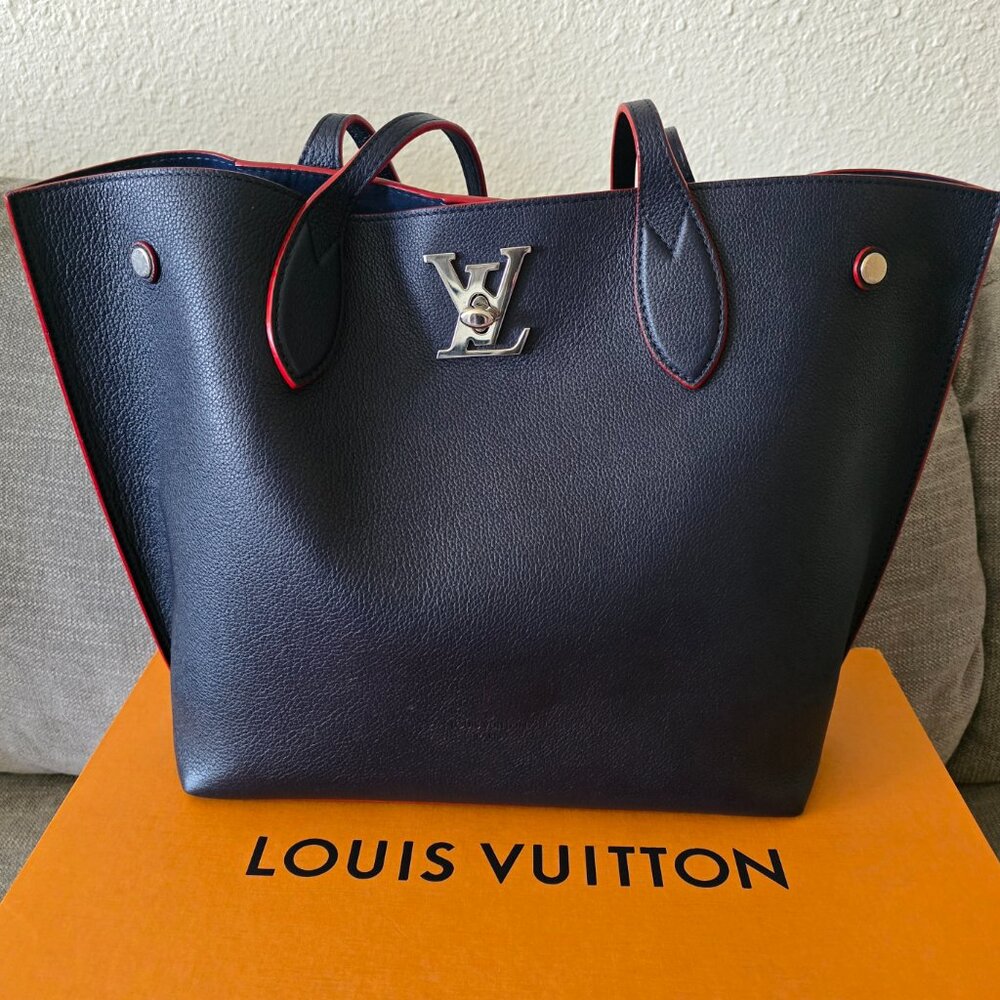 Louis Vuitton Navy Blue Leather Tote with Red Piping & Silver Hardware - Picture 13 of 16